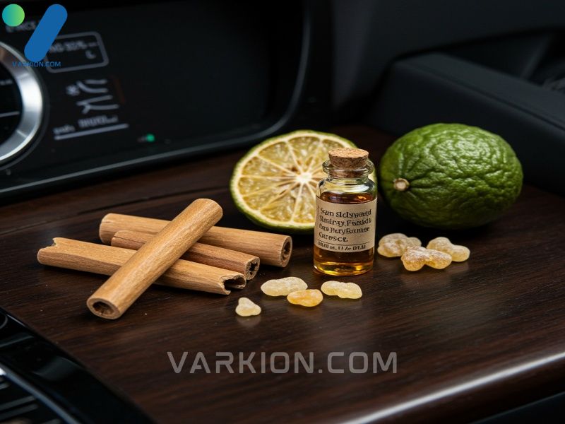 luxury-fragrance-ingredients-sandalwood-bergamot-peel-and-amber-resin-vial-on-dark-wood