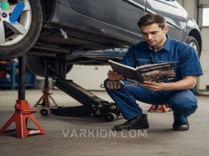 mecanico-de-bricolaje-bajo-un-coche-en-soportes-revisando-un-manual-de-reparacion-con-una-llave