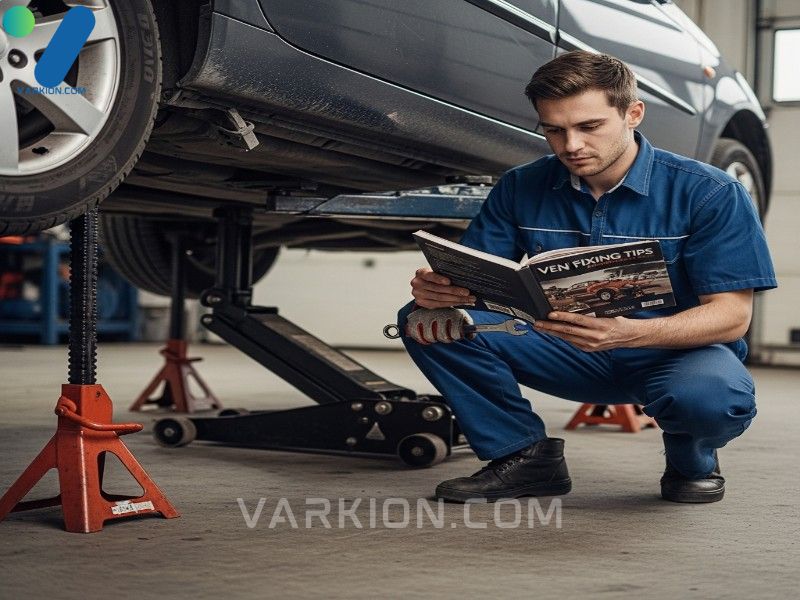 mecanico-de-bricolaje-bajo-un-coche-en-soportes-revisando-un-manual-de-reparacion-con-una-llave