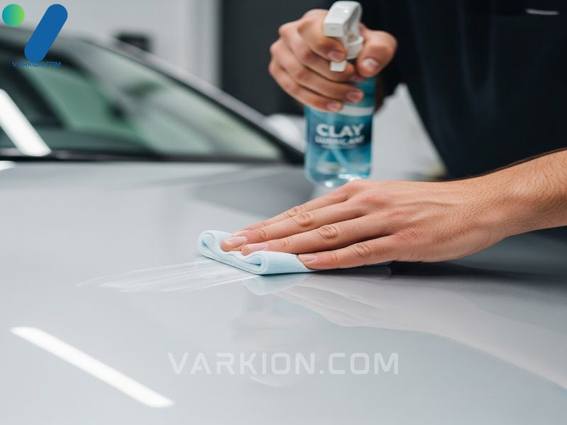 mechanical-decontamination-using-a-clay-bar-and-specialized-car-exterior-cleaning-spray-lubricant-for-exterior-detailing