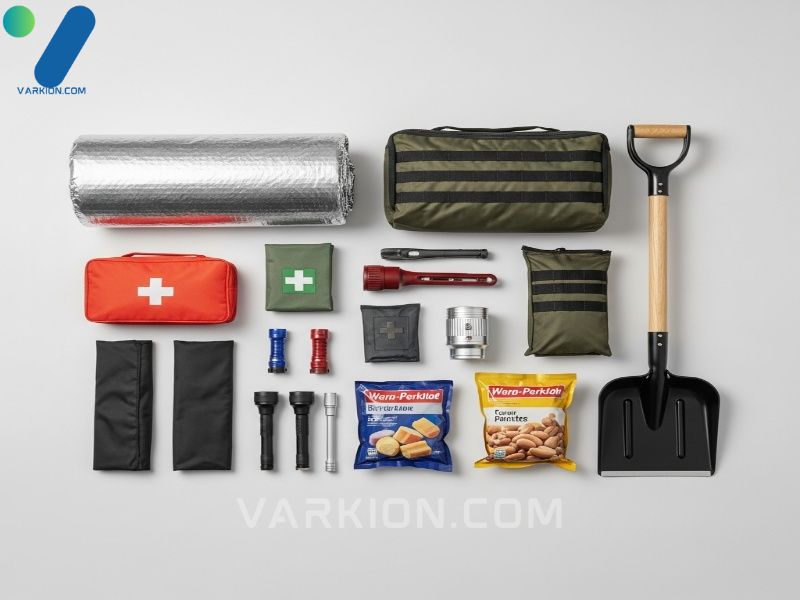 organized-layout-of-a-comprehensive-winter-survival-kit-featuring-a-blanket-first-aid-food-and-shovel