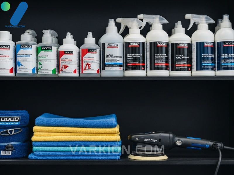 organized-shelf-of-professional-car-detailing-chemicals-microfiber-towels-and-a-dual-action-polisher
