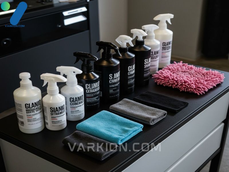 overhead-shot-of-an-organized-detailing-table-with-car-cleaning-products-shampoo-wheel-cleaner-towels-and-a-wash-mitt