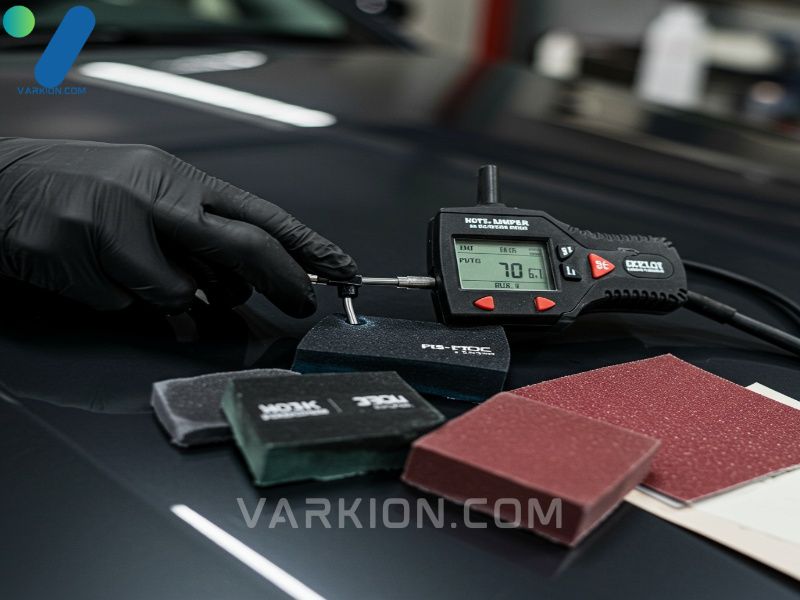paint-thickness-gauge-reading-on-a-car-hood-next-to-wet-sanding-blocks-and-sandpaper