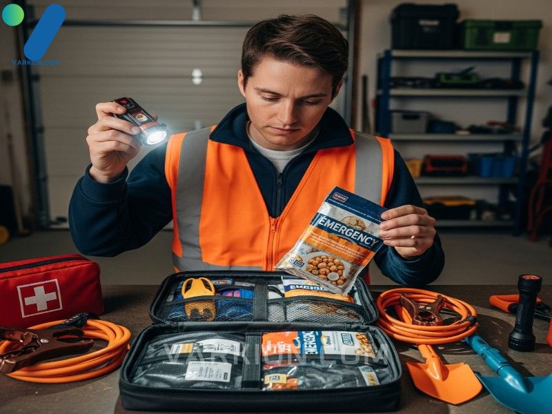 persona-con-chaleco-naranja-inspeccionando-y-organizando-un-kit-de-emergencia-vehicular-en-un-garaje