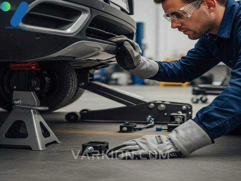 persona-con-gafas-de-seguridad-y-guantes-de-mecanico-asegurando-un-vehiculo-en-soportes-de-gato-y-calzos