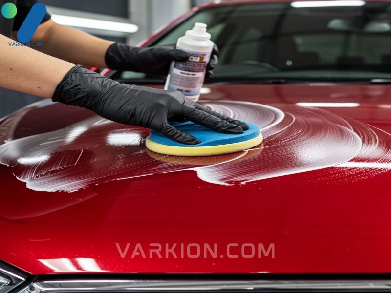 persona-con-guantes-aplicando-cera-fina-y-uniforme-a-un-capo-de-coche-rojo-con-un-aplicador-de-espuma