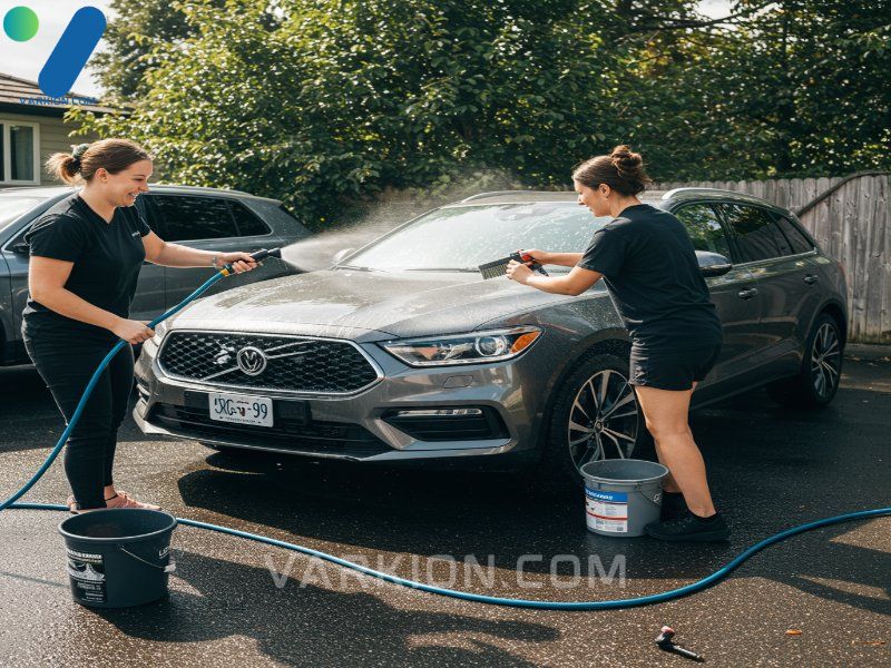 persona-feliz-detallando-su-coche-en-la-entrada-con-manguera-y-dos-cubos