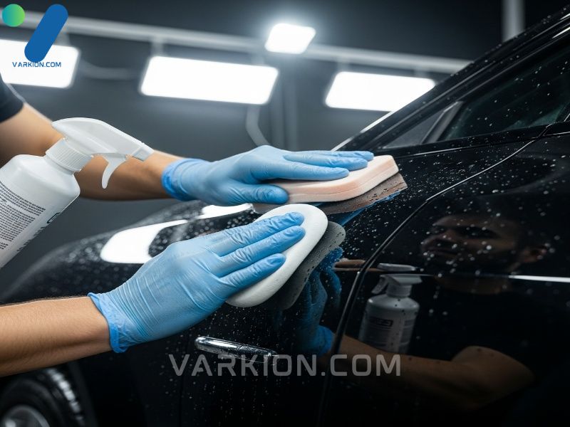 persona-usando-clay-bar-y-lubricante-en-un-panel-de-coche-negro-mojado-bajo-luces-led-de-inspeccion