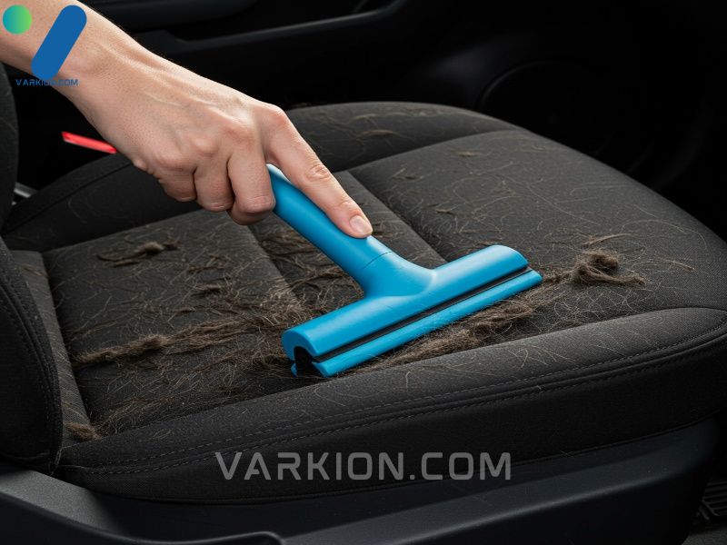 persona-usando-una-escobilla-de-goma-para-quitar-pelo-de-mascota-incrustado-de-un-asiento-de-coche-de-tela