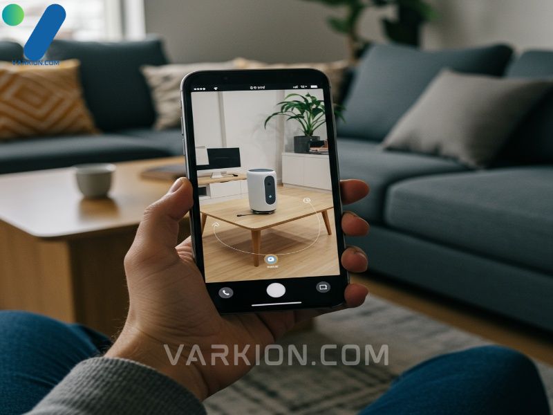 persona-viendo-un-altavoz-inteligente-ar-virtual-en-una-mesa-auxiliar-de-salon-a-traves-de-un-smartphone