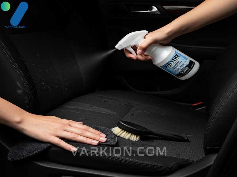 pre-treating-a-stubborn-stain-on-a-car-seat-using-the-best-car-seat-cleaner-solution-and-a-soft-detailing-brush