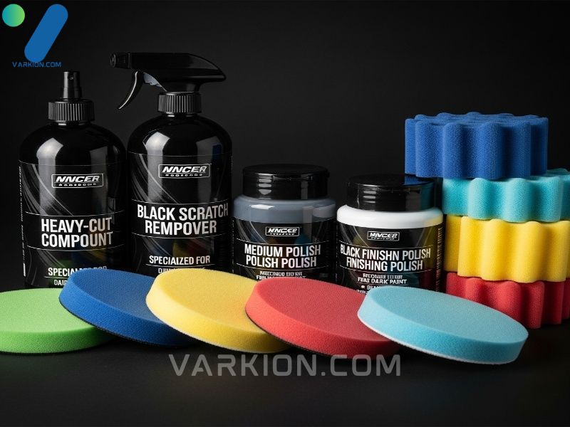 professional-black-car-scratch-remover-compounds-polishes-and-colored-foam-pads-for-detailing