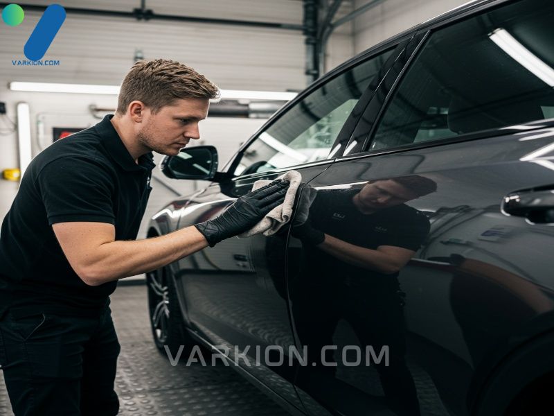 professional-detailer-applying-a-clay-mitt-to-a-dark-car-door-panel-inside-a-well-lit-garage