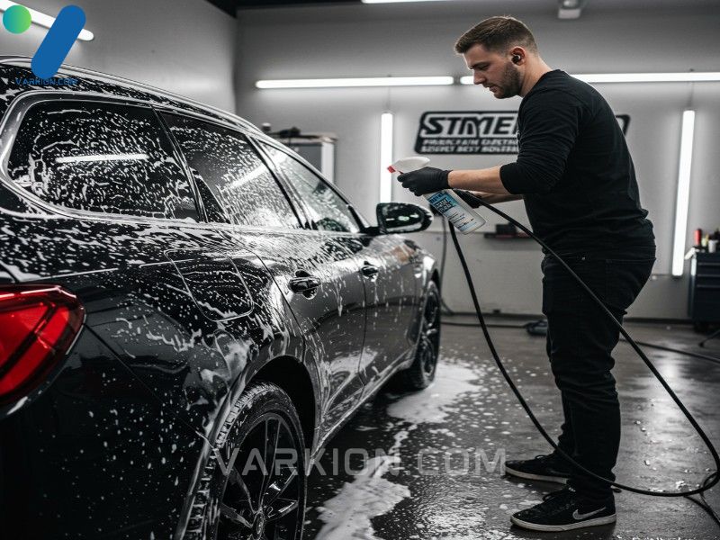 professional-detailer-applying-thick-snow-foam-to-a-dark-glossy-car-in-a-garage