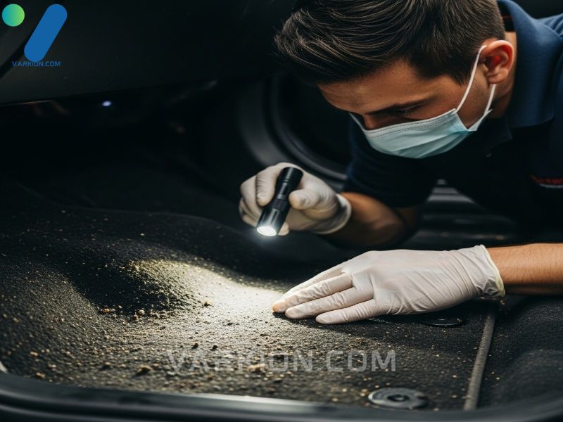 professional-detailer-inspecting-embedded-dirt-in-a-car-carpet-before-searching-for-car-carpet-shampoo-near-me-services