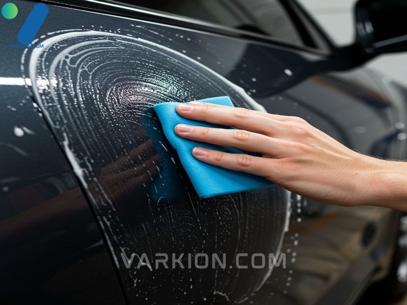 reka-uzywa-niebieskiej-glinki-do-czyszczenia-panelu-drzwi-samochodu-przed-woskowaniem