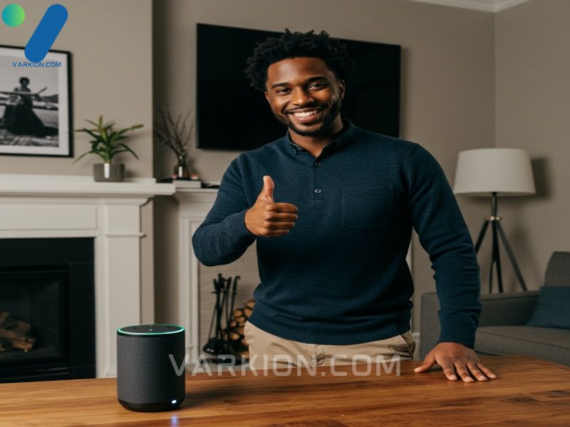 satisfied-homeowner-gives-thumbs-up-to-smart-speaker-after-successful-black-friday-smart-home-upgrade