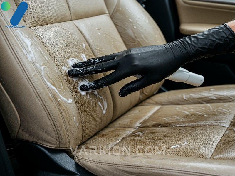 shampoo-foam-cleaning-heavily-stained-beige-car-upholstery