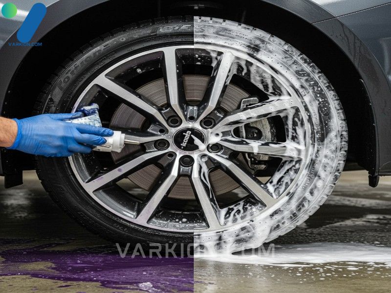 side-by-side-cleaning-of-wheel-and-tire-purple-iron-remover-on-rim-white-foam-degreaser-on-tire