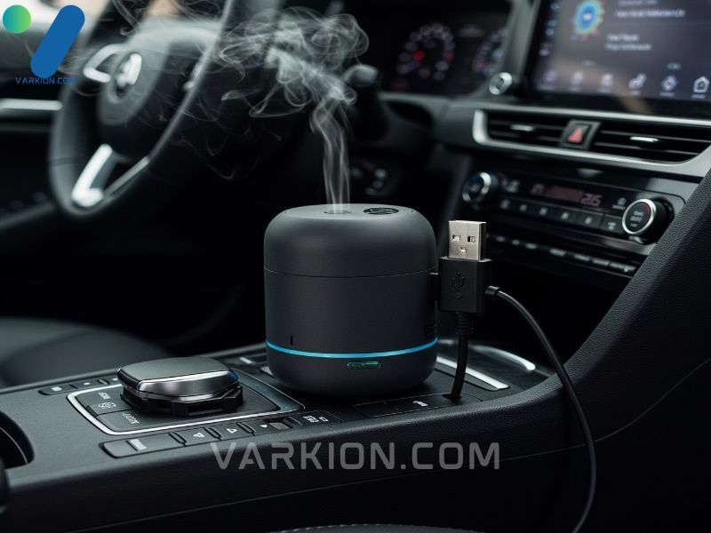 sleek-black-usb-essential-oil-diffuser-plugged-into-a-car-console-releasing-mist