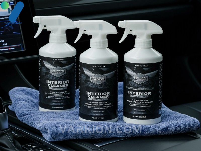 three-bottles-of-car-interior-cleaner-spray-arranged-on-a-microfiber-towel