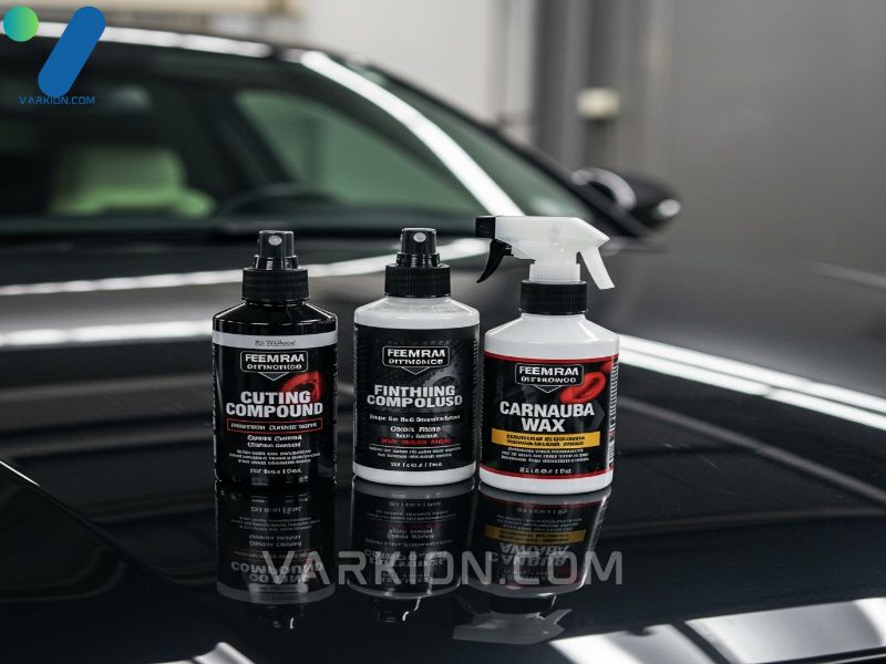 three-car-detailing-bottles-compound-polish-and-wax-shown-next-to-a-shiny-car-hood