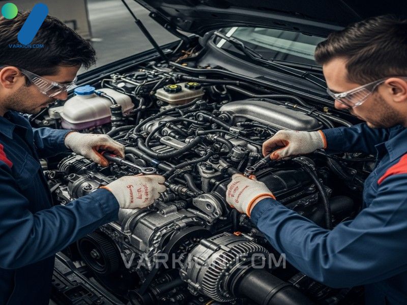two-mechanics-repair-a-complex-modern-engine-bay-using-specialized-tools