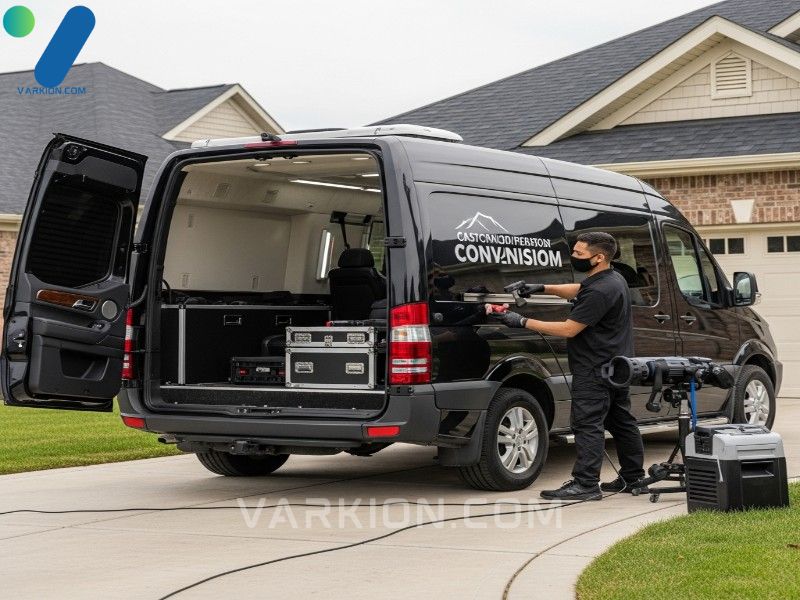 van-parked-in-driveway-detailer-cleans-luxury-suv-interior-with-specialized-tools