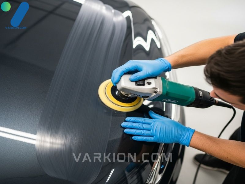 vista-aerea-de-un-detallista-aplicando-compuesto-a-un-capo-de-coche-con-una-pulidora-da-mostrando-el-patron-de-eclosion